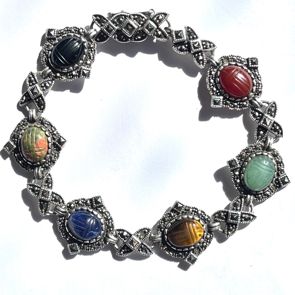 Gorgeous Art Deco Gemstone and Hematite Detailed Thai Sterling Silver Bracelet
